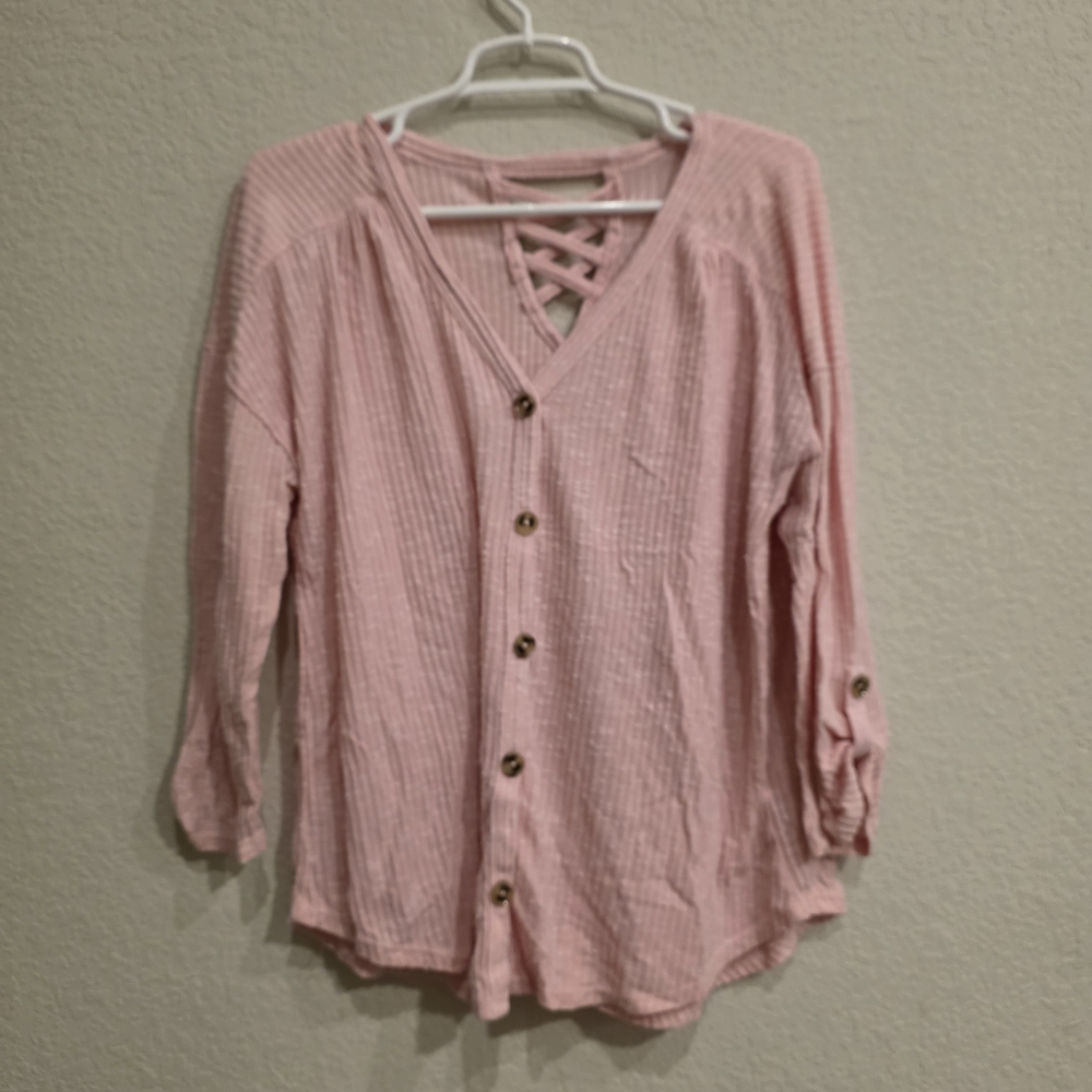 No Boundaries Pink Button-Down V-Neck Top with Lattice Back